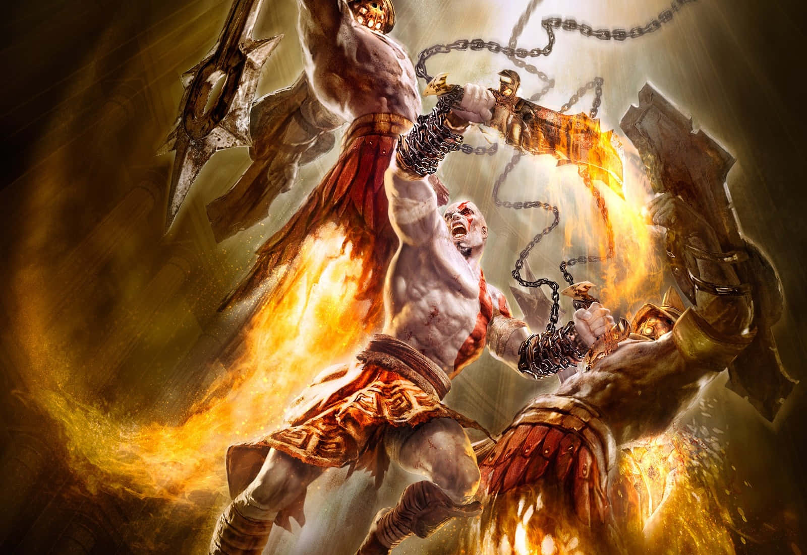God of War, flaming chain weapon, muscular warrior, HD Desktop Wallpaper