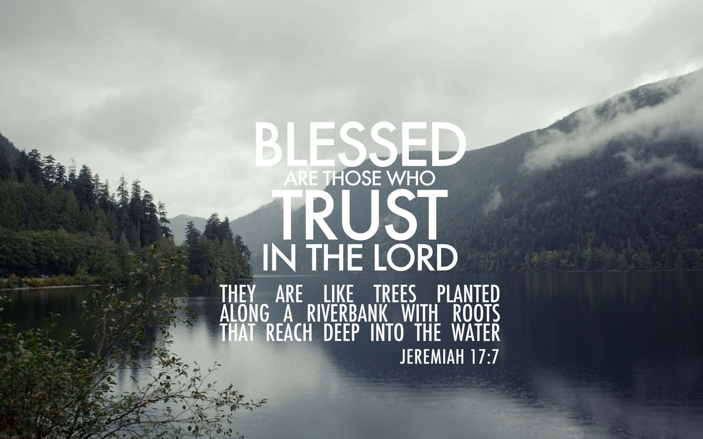 The Lord is the Everlasting Strength, serene lake, misty forested mountains, Full HD Desktop Wallpaper