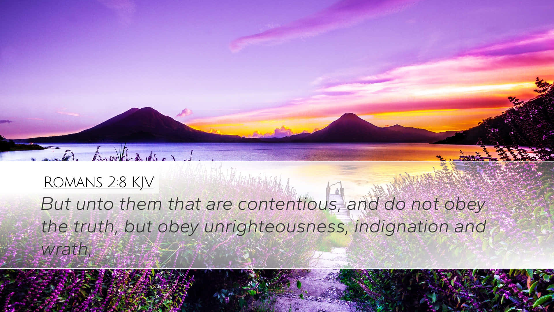 serene lake, vibrant purple and orange sunset hues, two mountains, Full HD Desktop Wallpaper