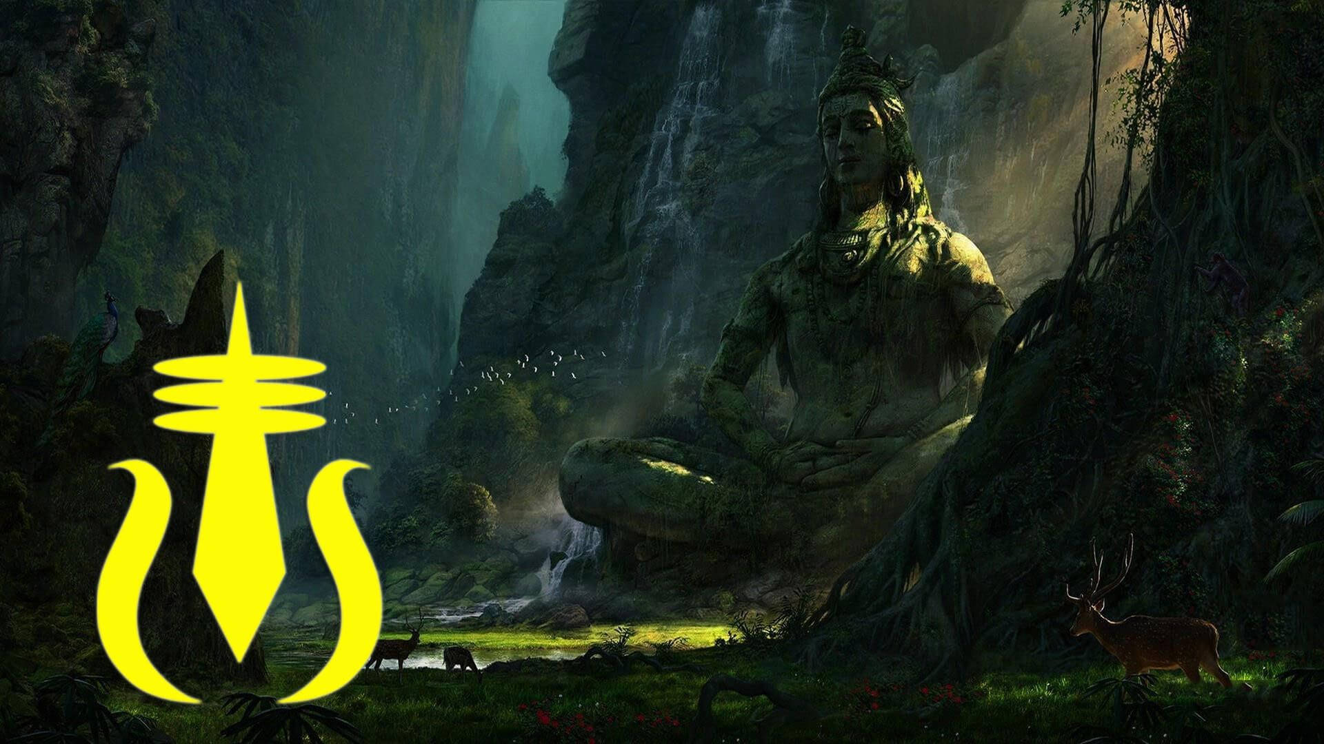God Shiva, moss-covered stone statue, misty jungle valley, Full HD Desktop Wallpaper