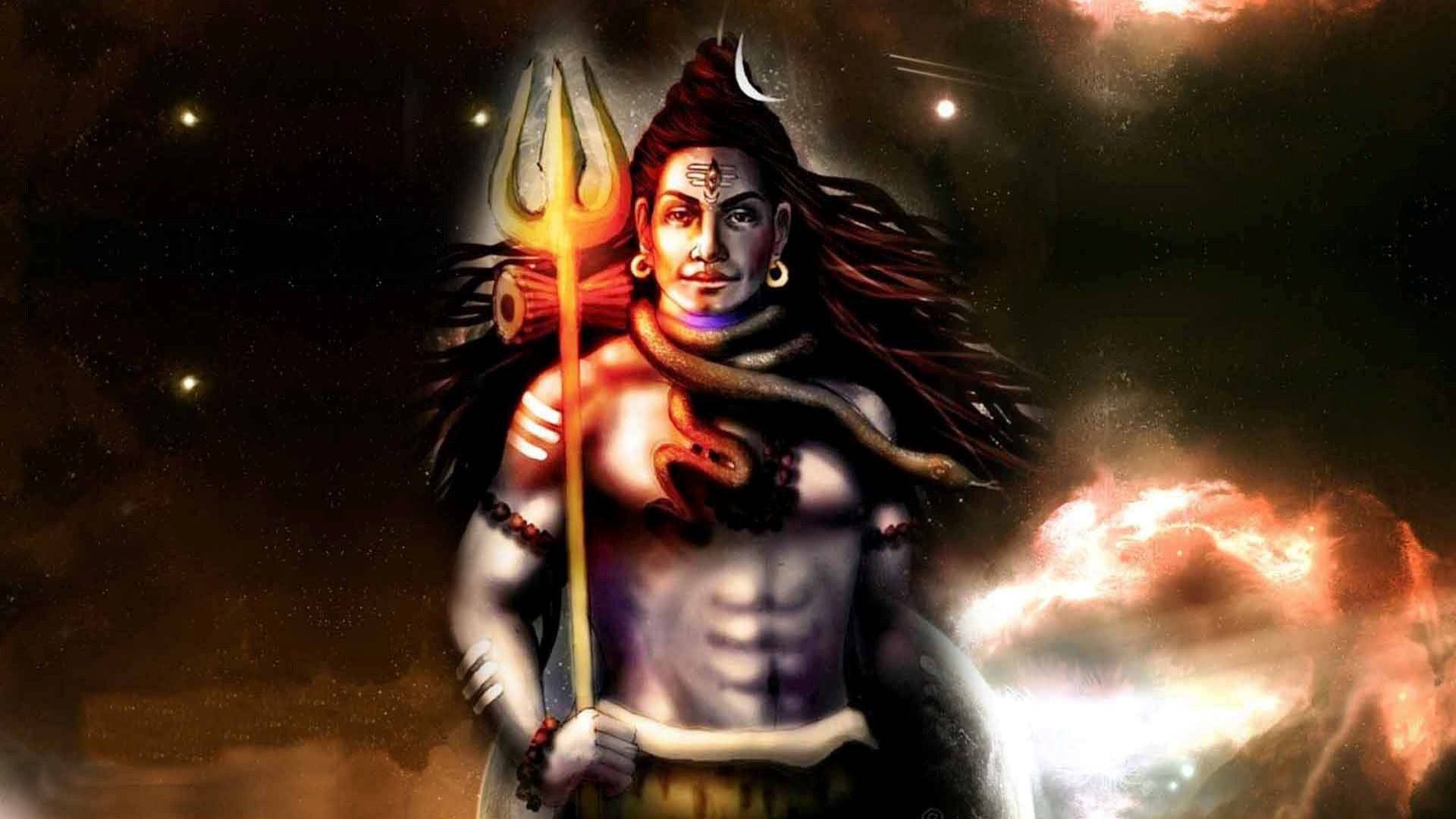 God Shiva, glowing trident, serpent around his neck, Full HD Desktop Wallpaper