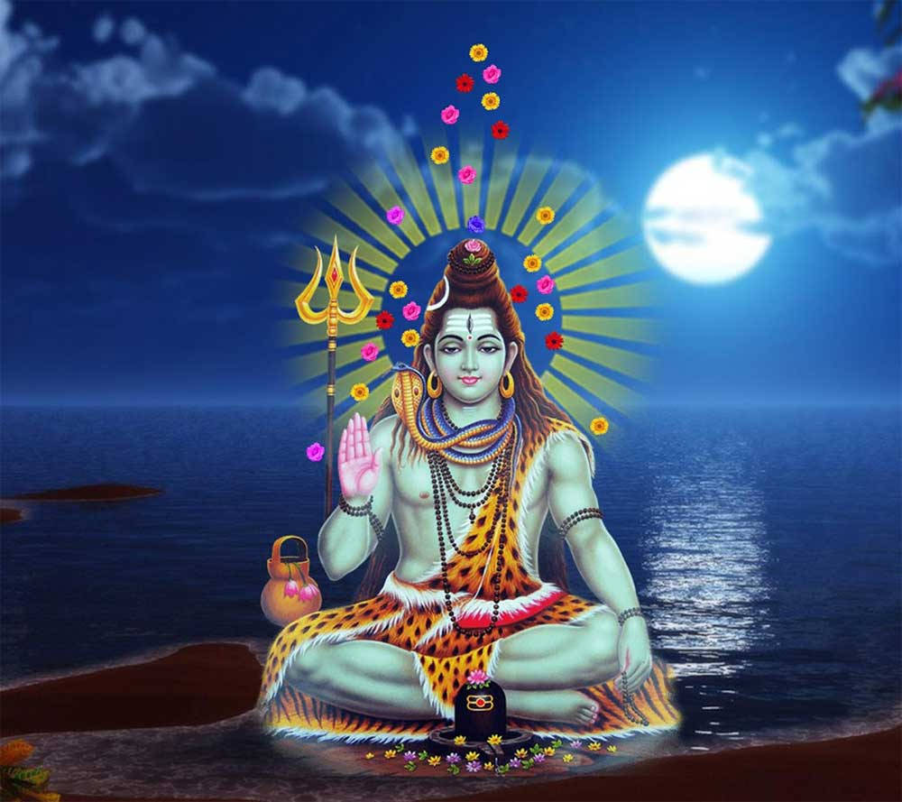 God Shiva, moonlit beach, radiant halo, SD Desktop Wallpaper