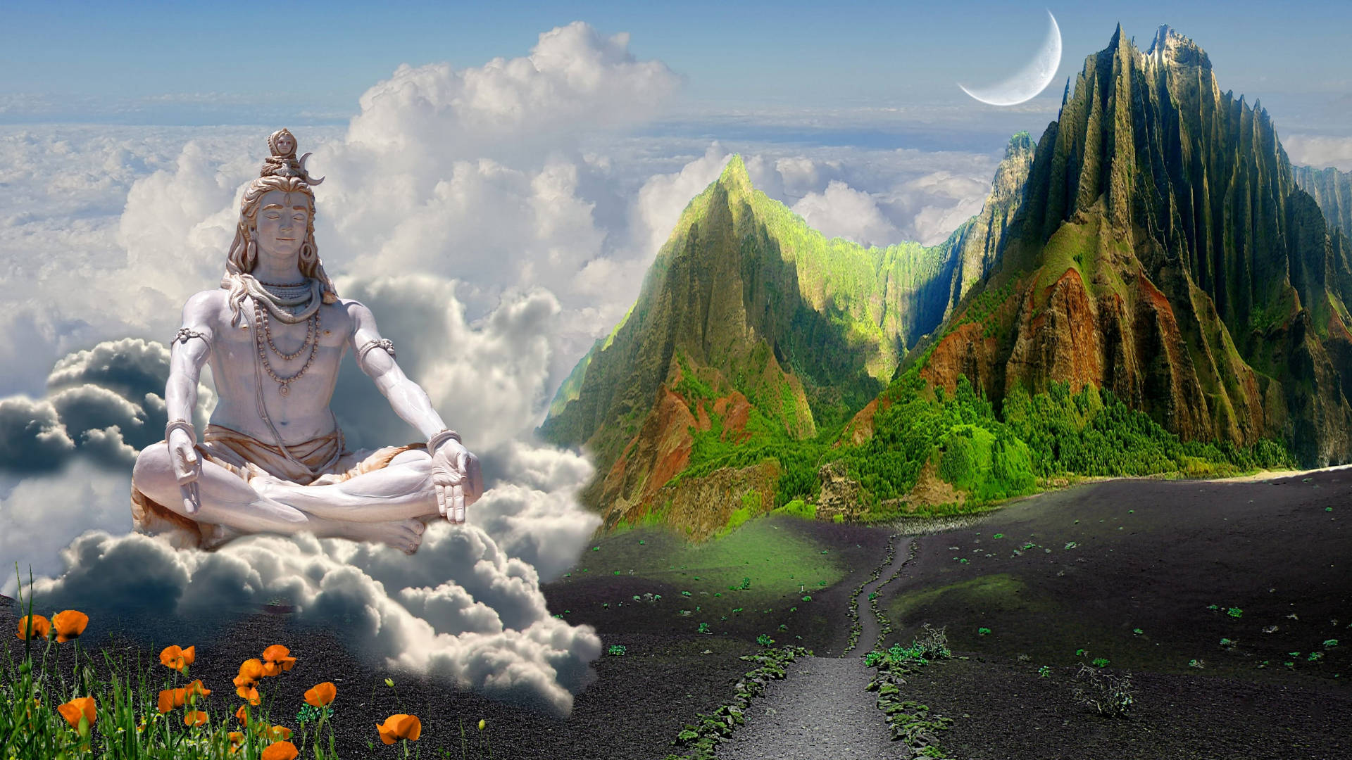 God Shiva, white deity, clouds, Full HD Desktop Wallpaper