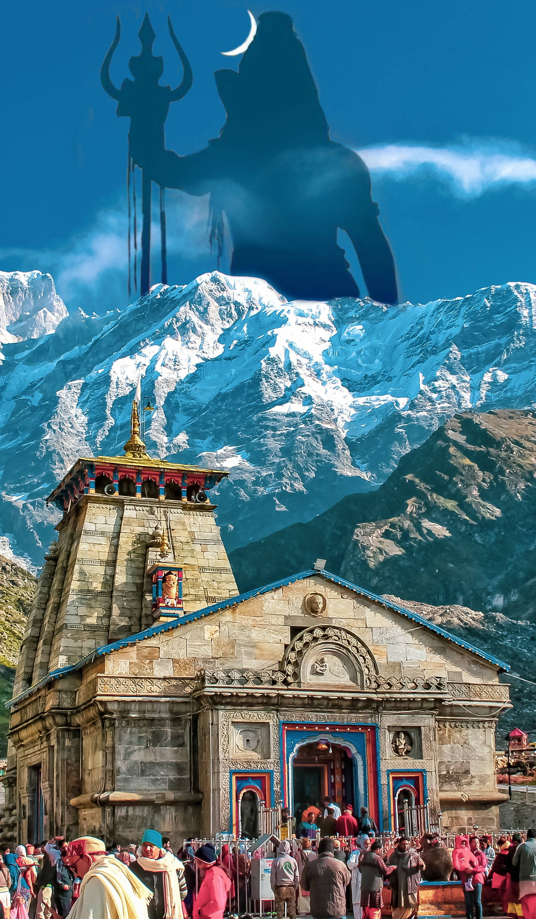 Shiva, temple, snowy mountains, 2K Phone Wallpaper