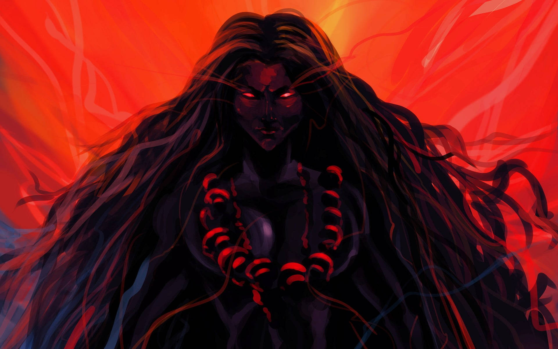 Goddess Kali, glowing red eyes, red beaded necklace, Full HD Desktop Wallpaper
