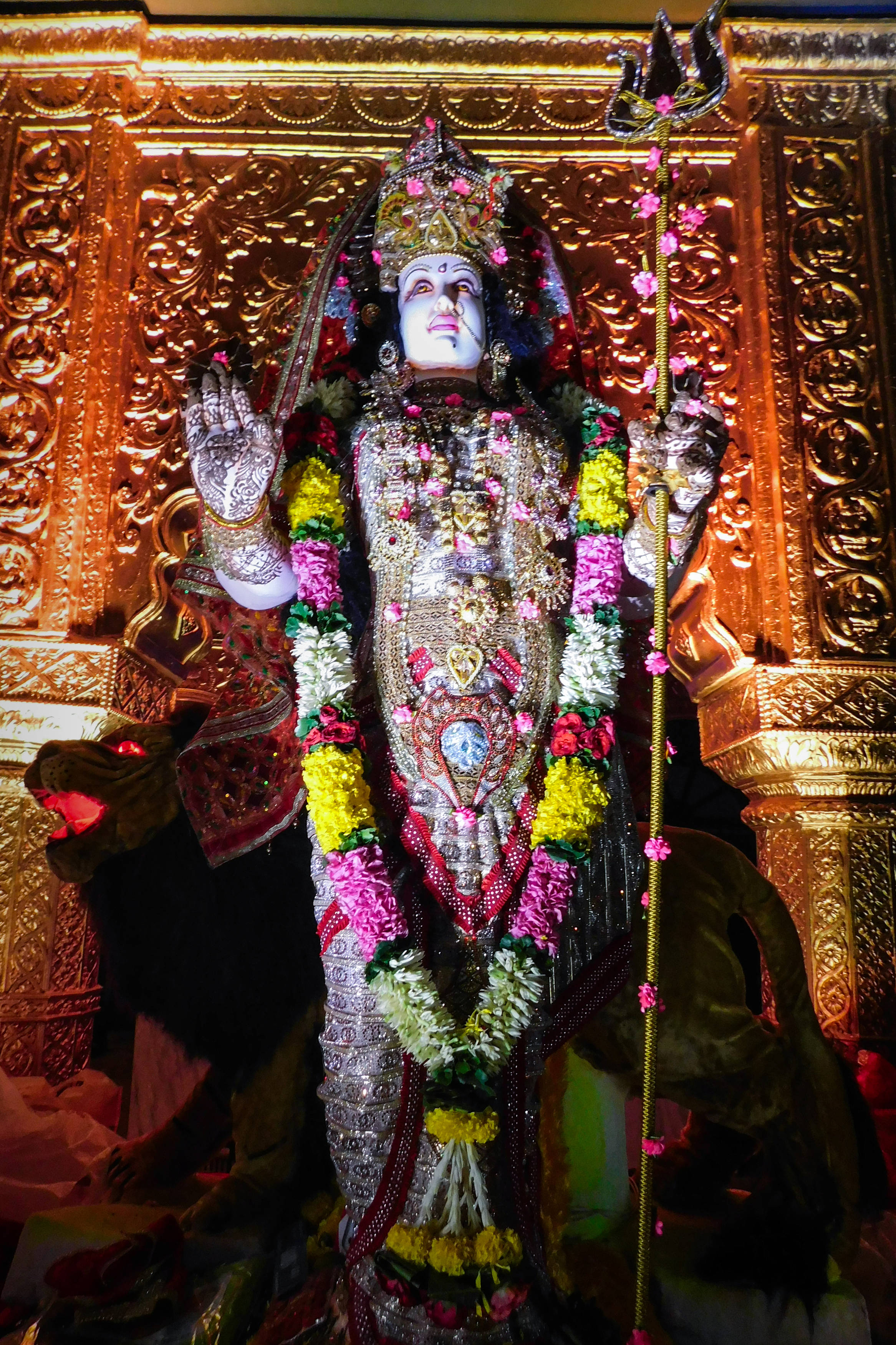 Goddess Kali, silver, colorful floral garlands, 2K Phone Wallpaper