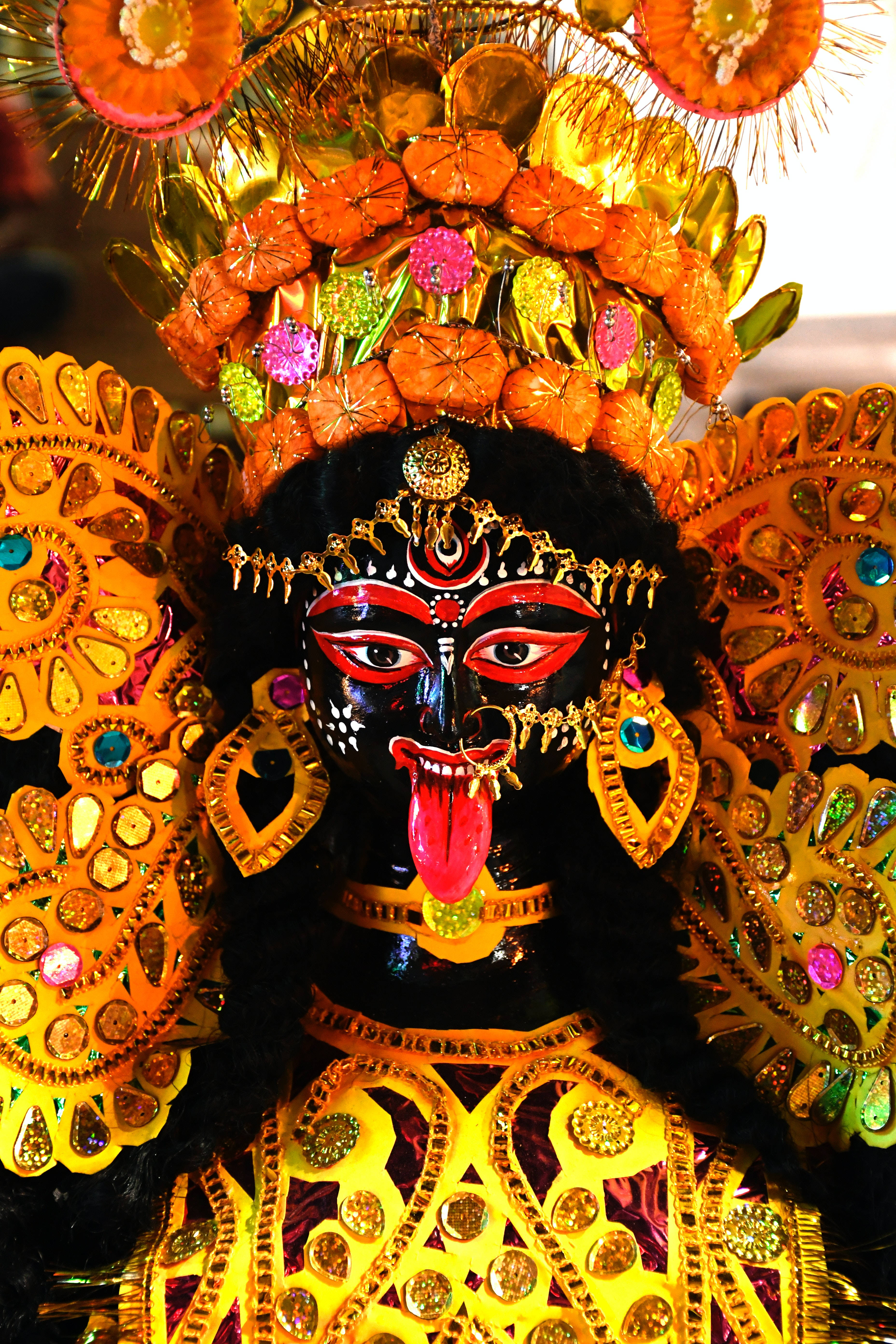 Goddess Kali, black-faced, red eyes, 5K Phone Wallpaper