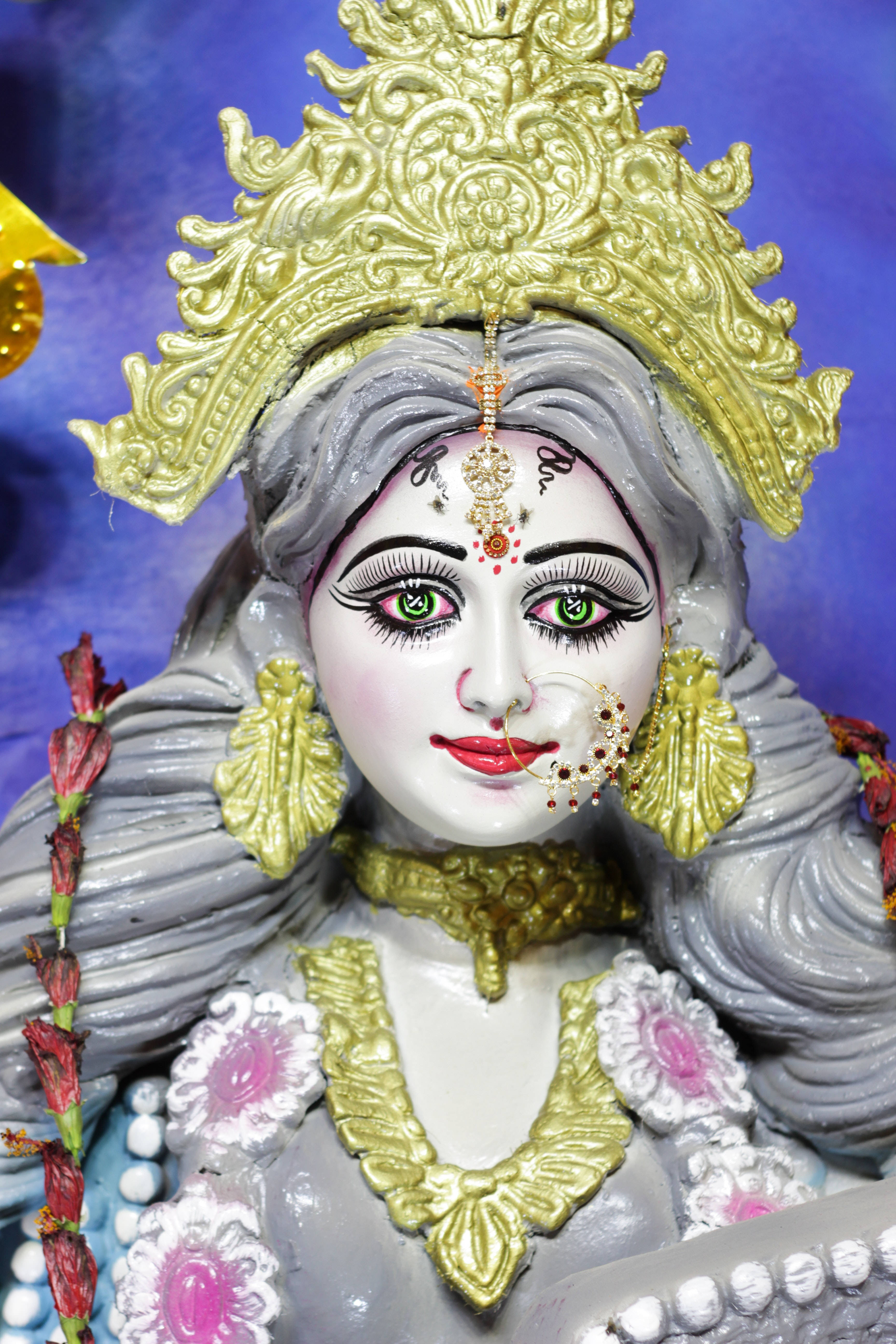 Goddess Kali, green eyes, gold crown, 5K Phone Wallpaper