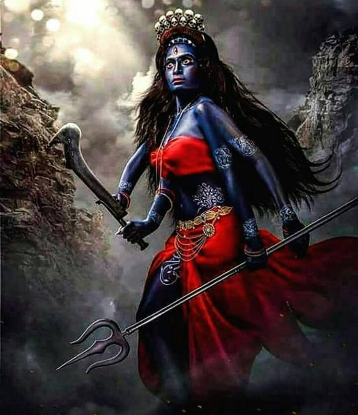 Goddess Kali, blue-skinned, long dark hair, SD Phone Wallpaper