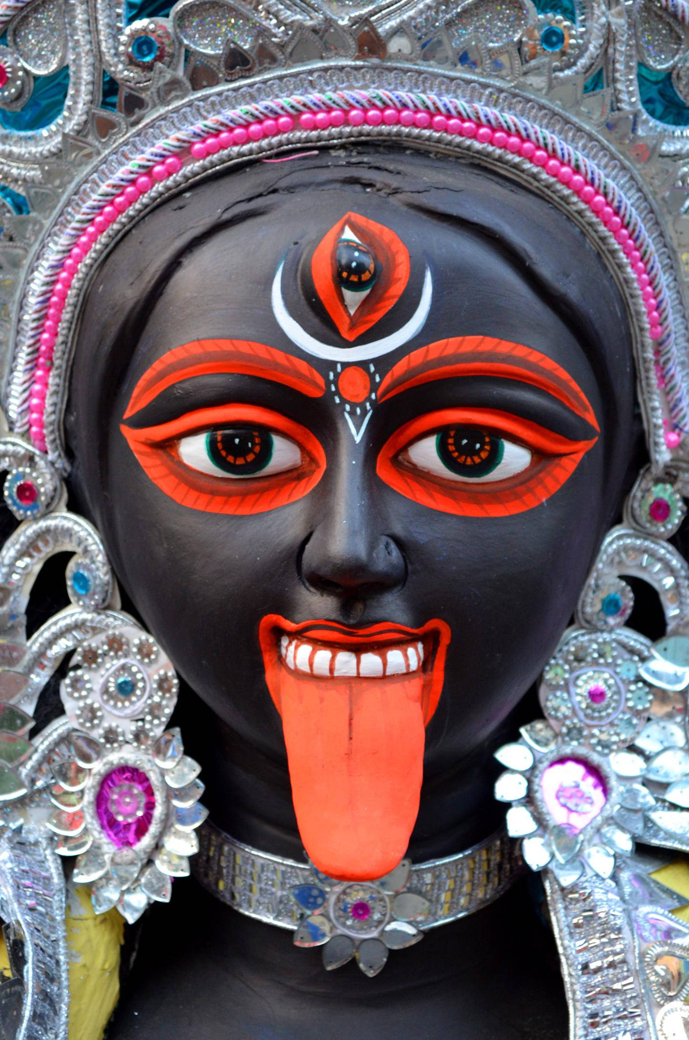Goddess Kali, silver ornament, black deity, Full HD Phone Wallpaper