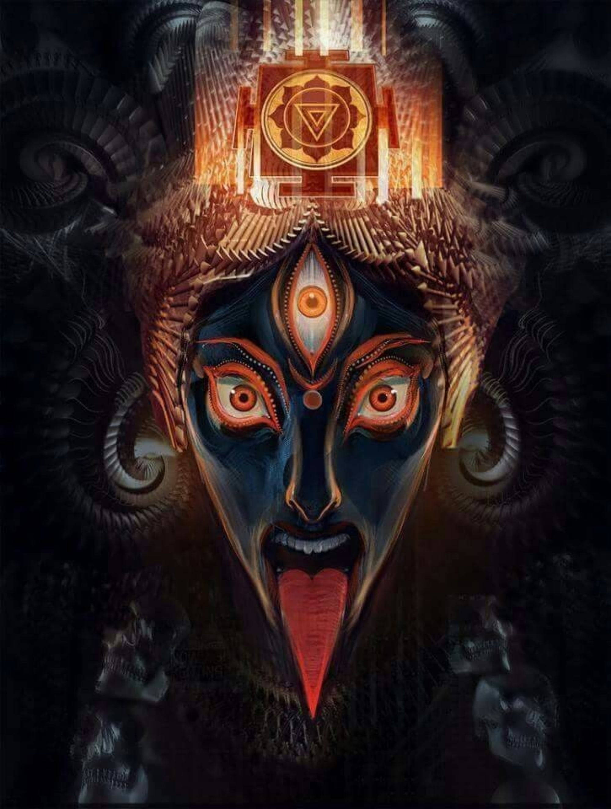 Goddess Kali, glowing orange eyes, tongue, 2K Phone Wallpaper