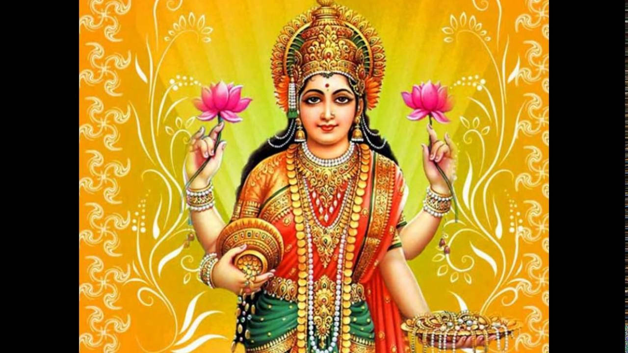 Goddess Lakshmi, golden jewelry, red green attire, HD Desktop Wallpaper