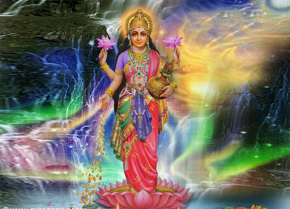 Goddess Lakshmi, rainbow aesthetic, vibrant pink and purple attire, SD Desktop Wallpaper