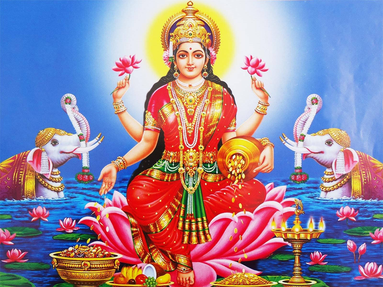 Goddess Lakshmi, pink lotus, elephants holding lotuses, HD Desktop Wallpaper