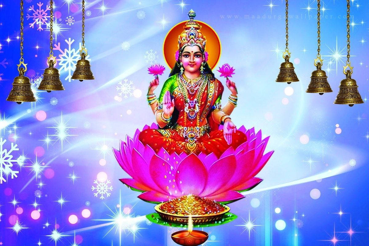 Goddess Lakshmi, four arms, glowing pink lotus, SD Desktop Wallpaper