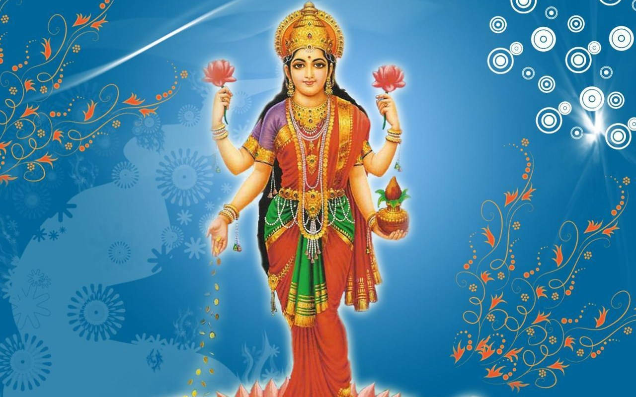 Goddess Lakshmi, multiple arms, lotuses, HD Desktop Wallpaper