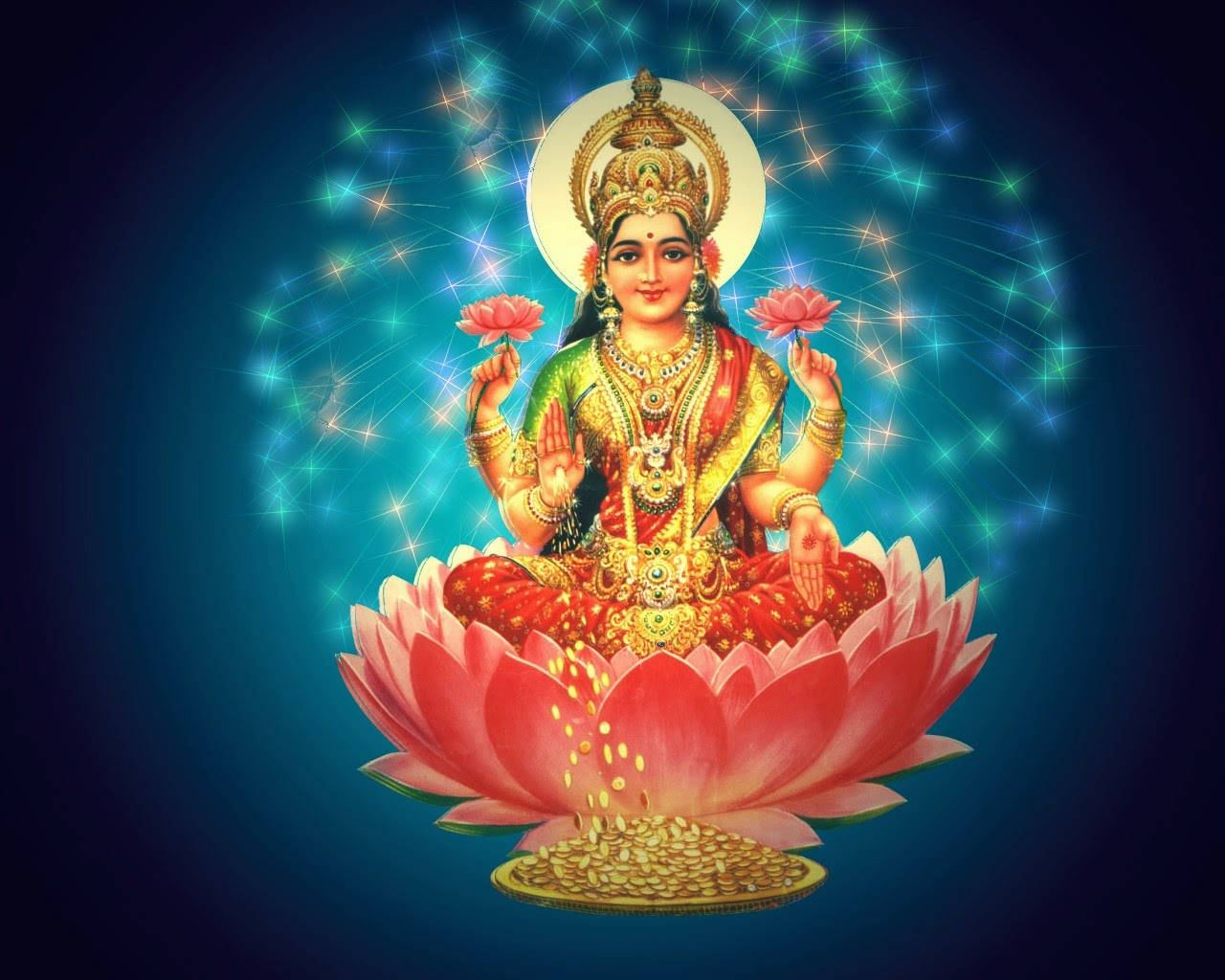 Goddess Lakshmi, gold jewelry, glowing pink lotus, HD Desktop Wallpaper