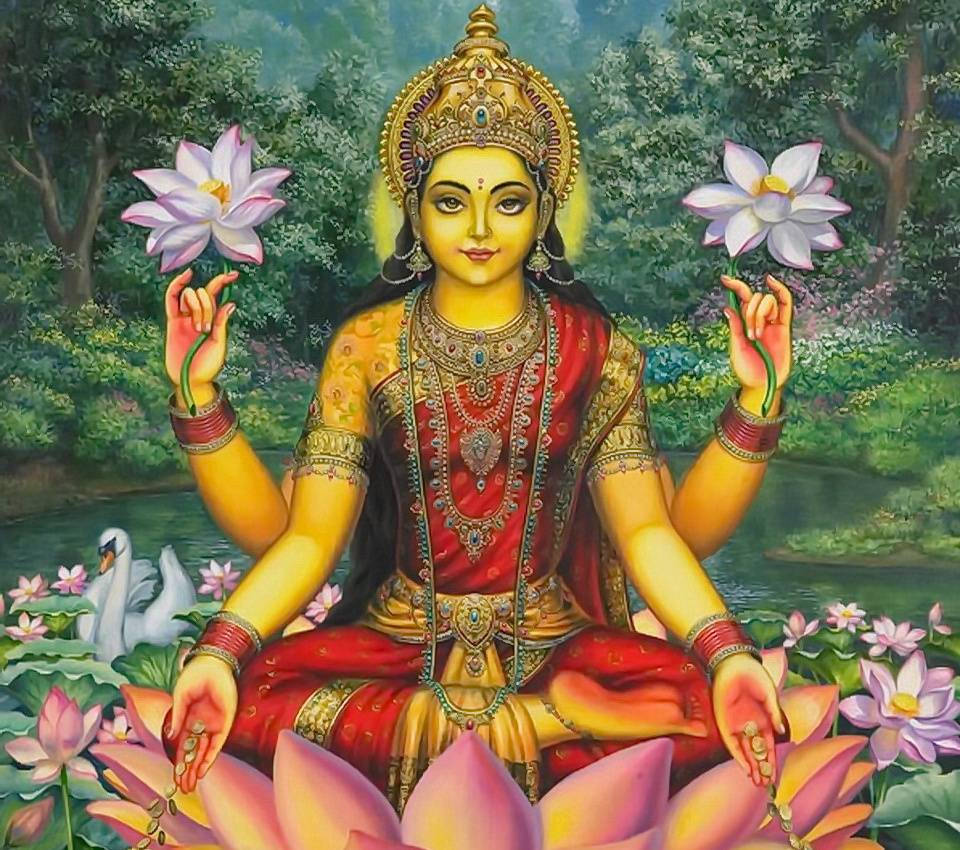 Goddess Lakshmi, forest, white flowers, SD Desktop Wallpaper