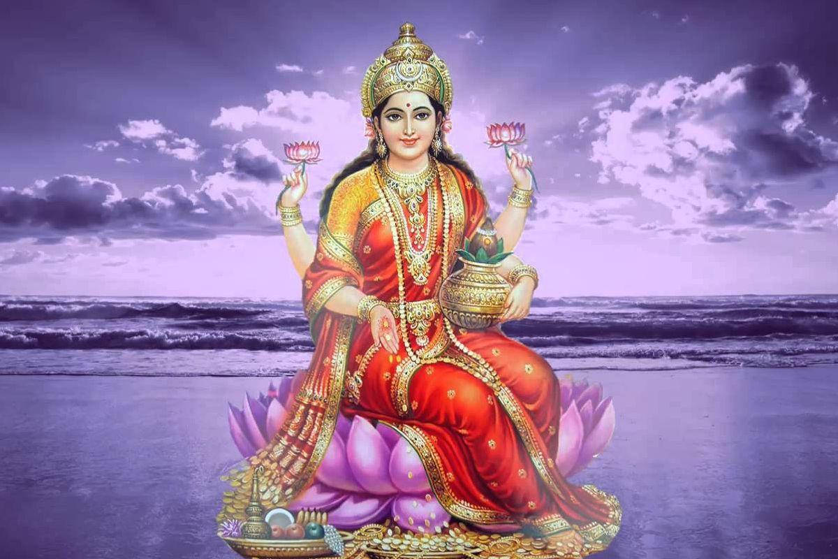 Lakshmi, purple lotus, red and gold, SD Desktop Wallpaper
