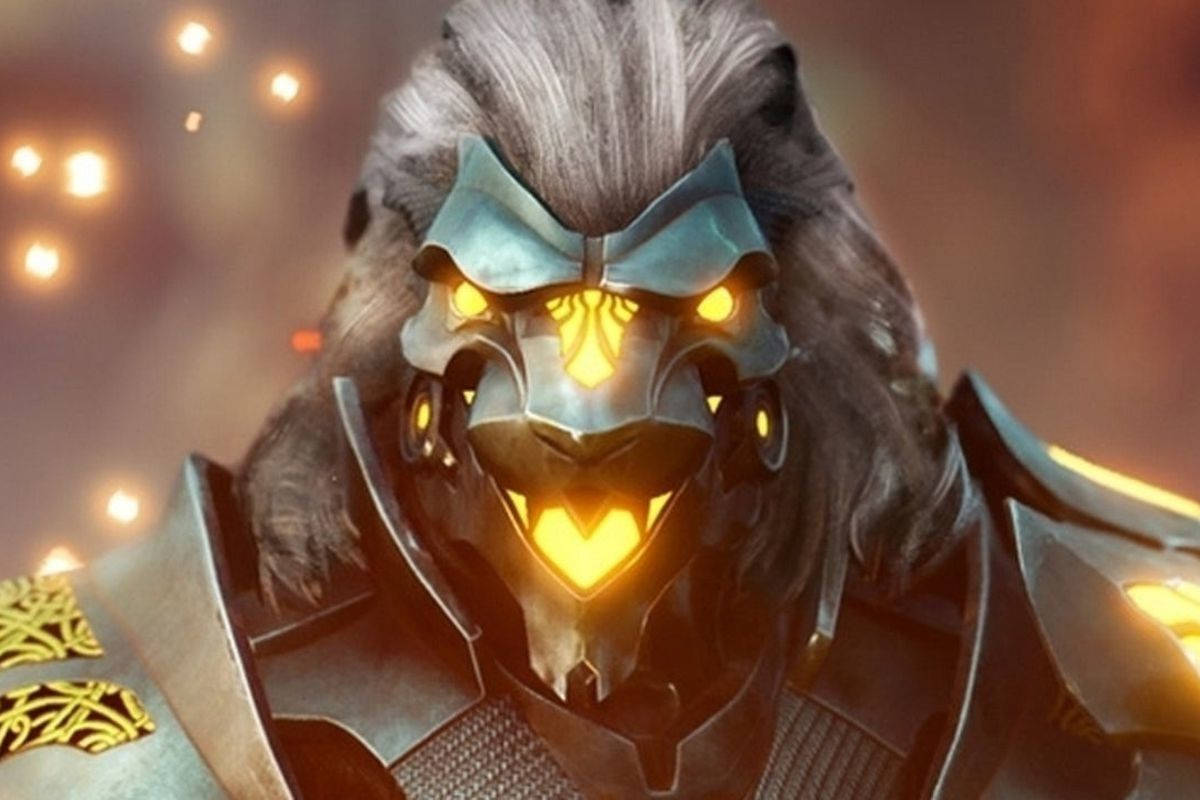 Godfall, lion-headed warrior, glowing golden armor, SD Desktop Wallpaper