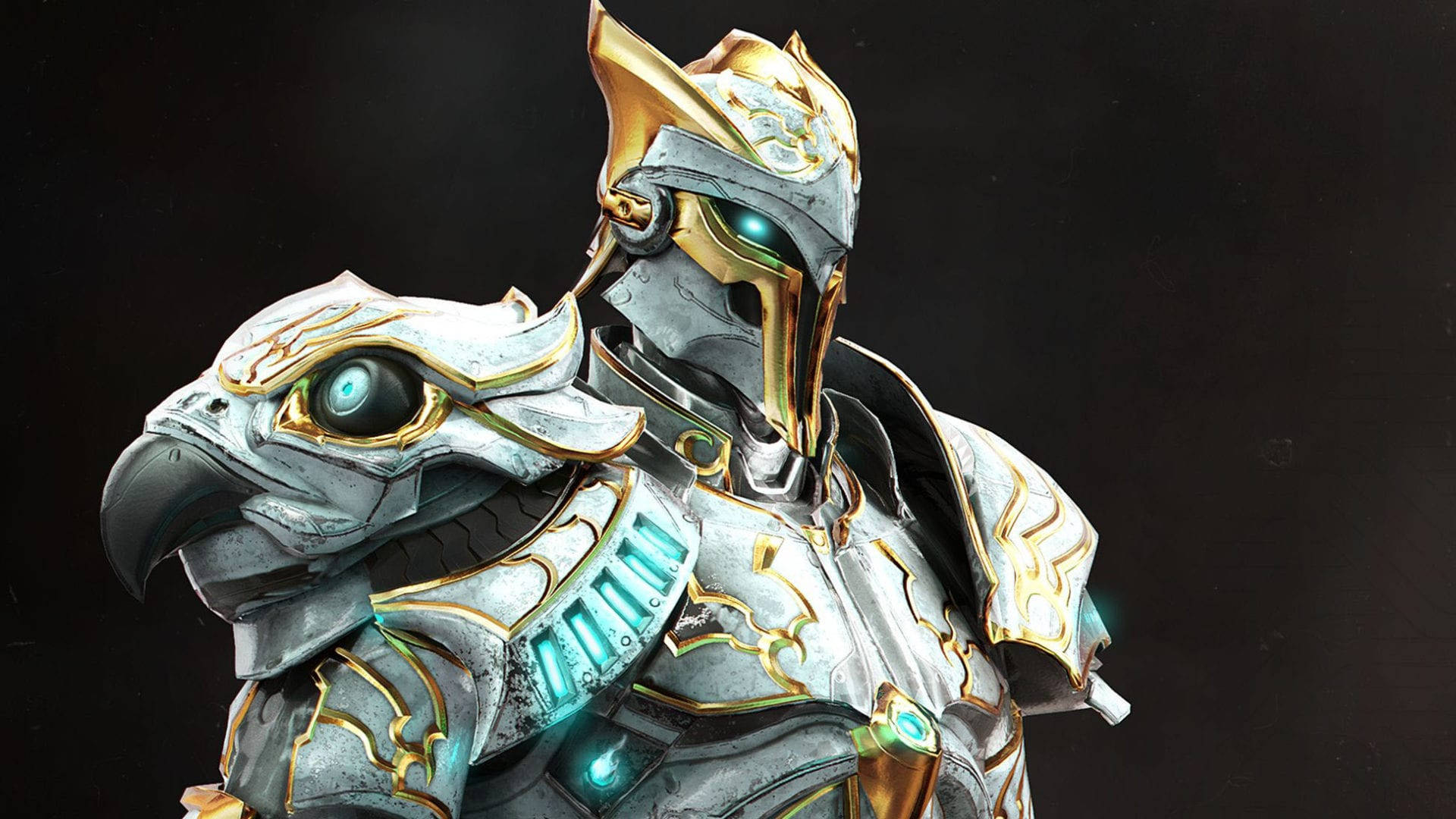 Godfall, white armored warrior, glowing teal eyes, Full HD Desktop Wallpaper