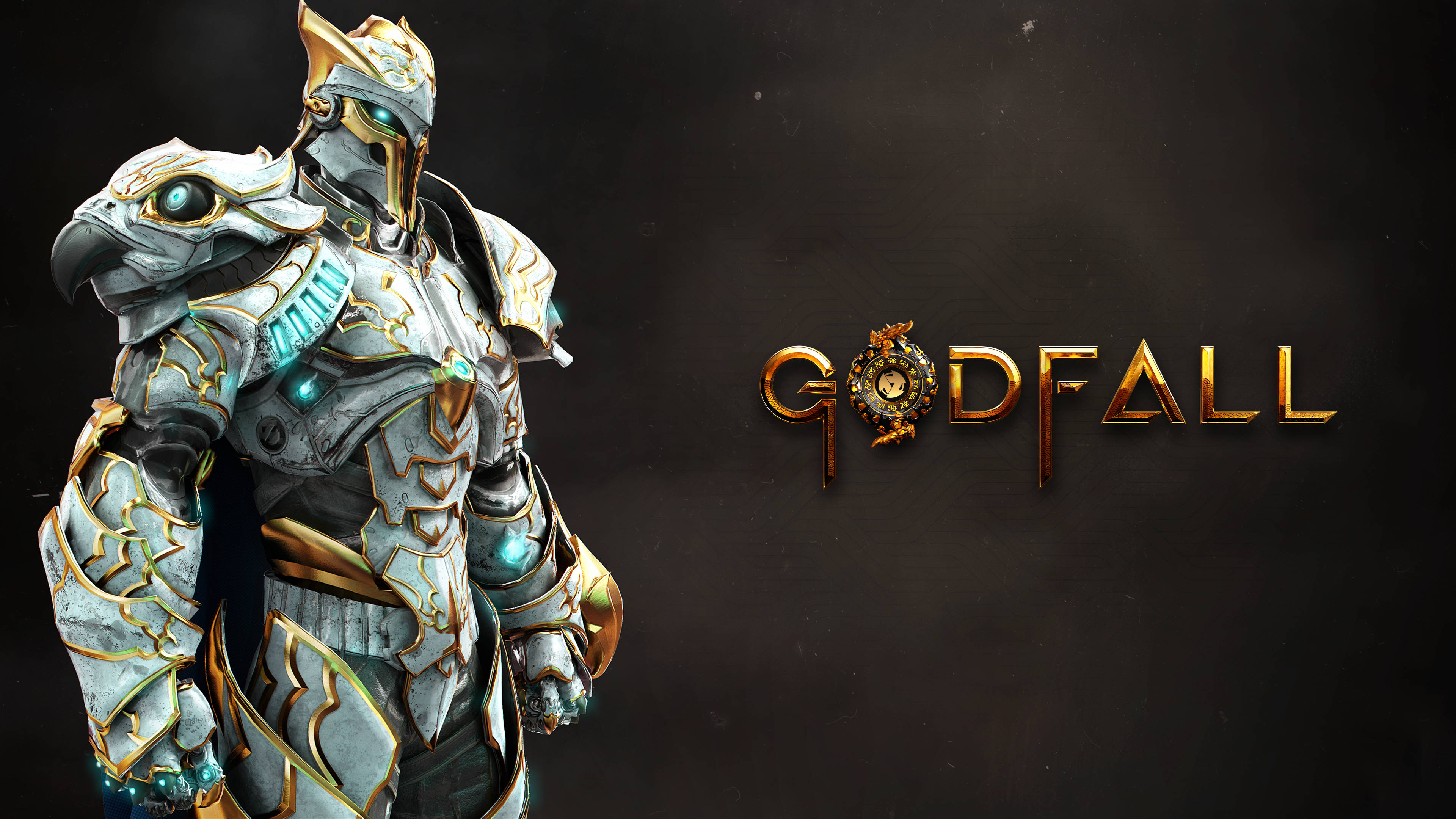 Godfall, white armored warrior, glowing blue eyes, 4K Desktop Wallpaper