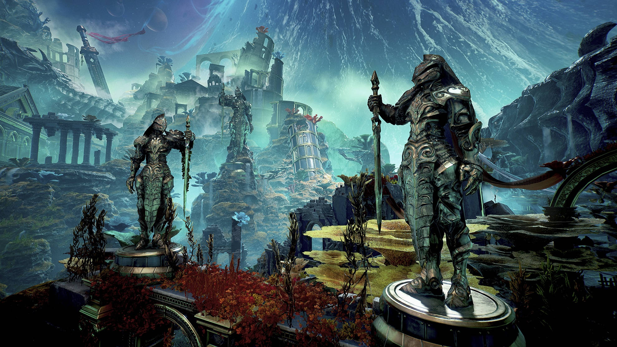 Godfall, stone statues, armored warriors, Full HD Desktop Wallpaper