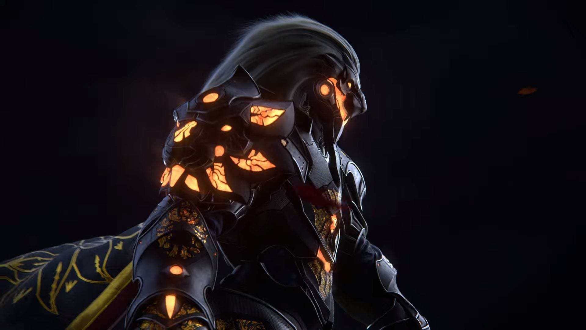 Godfall, white-haired warrior, glowing orange eyes, Full HD Desktop Wallpaper