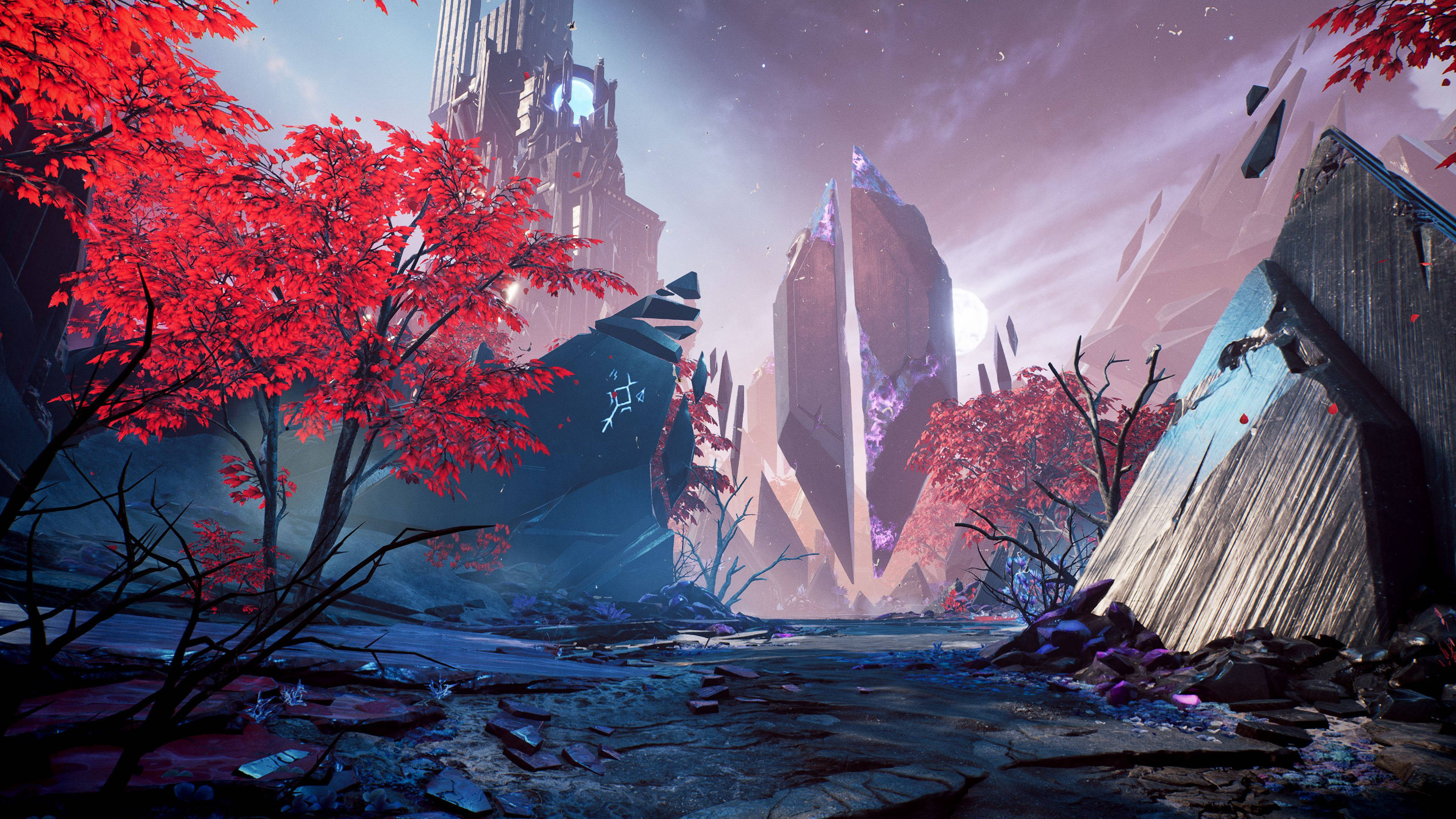 Godfall, battlefield, vibrant red trees, 4K Desktop Wallpaper