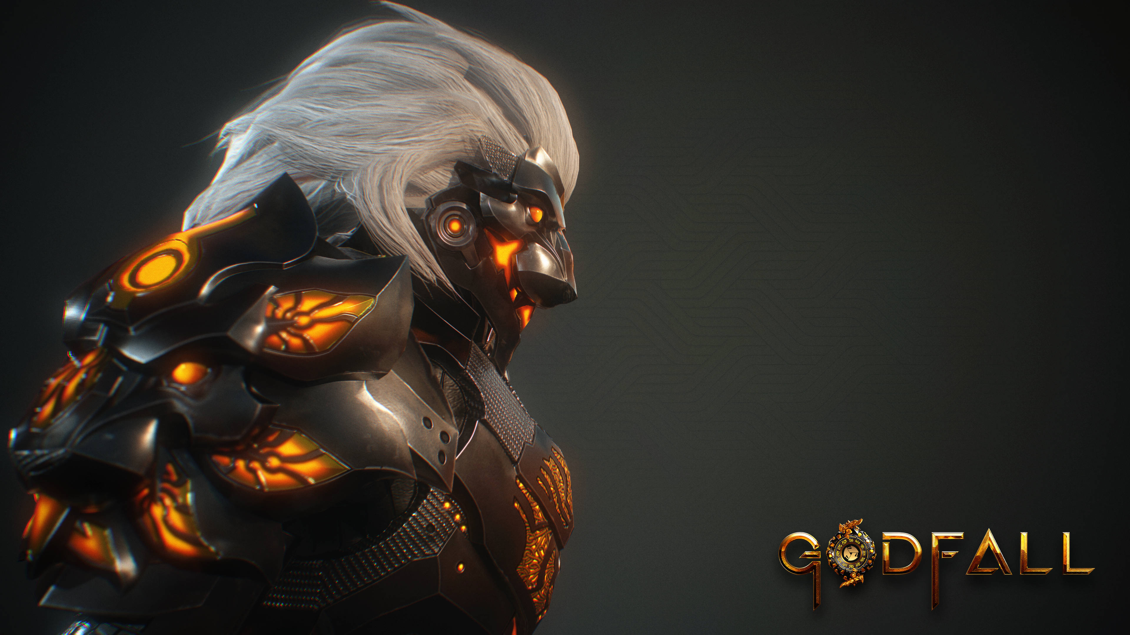 Godfall, white-haired hero, ornate black armor, 4K Desktop Wallpaper