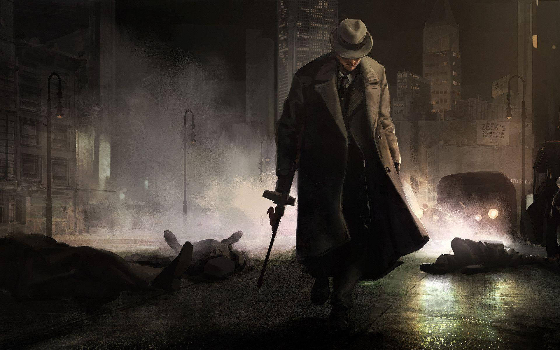 The Godfather, trench-coated detective, neon-lit city street, Full HD Desktop Wallpaper