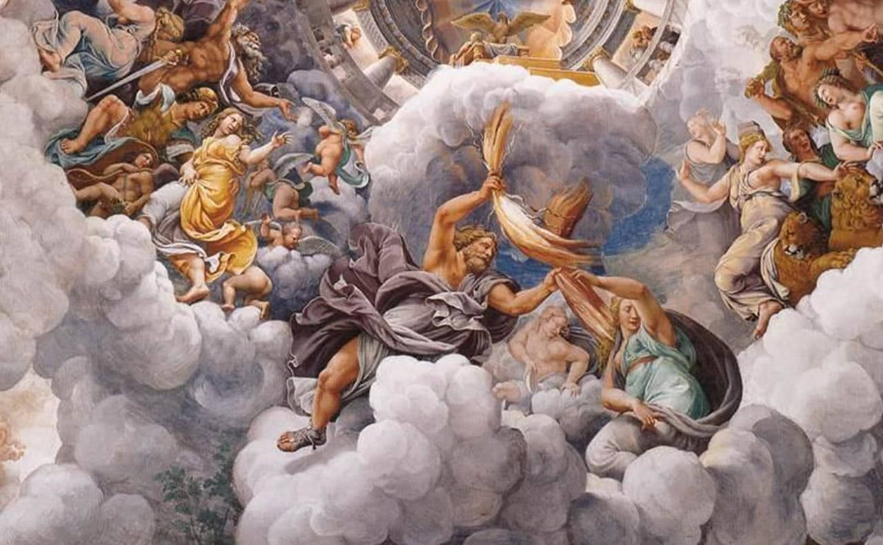Renaissance fresco, mythological figures, swirling clouds, HD Desktop Wallpaper