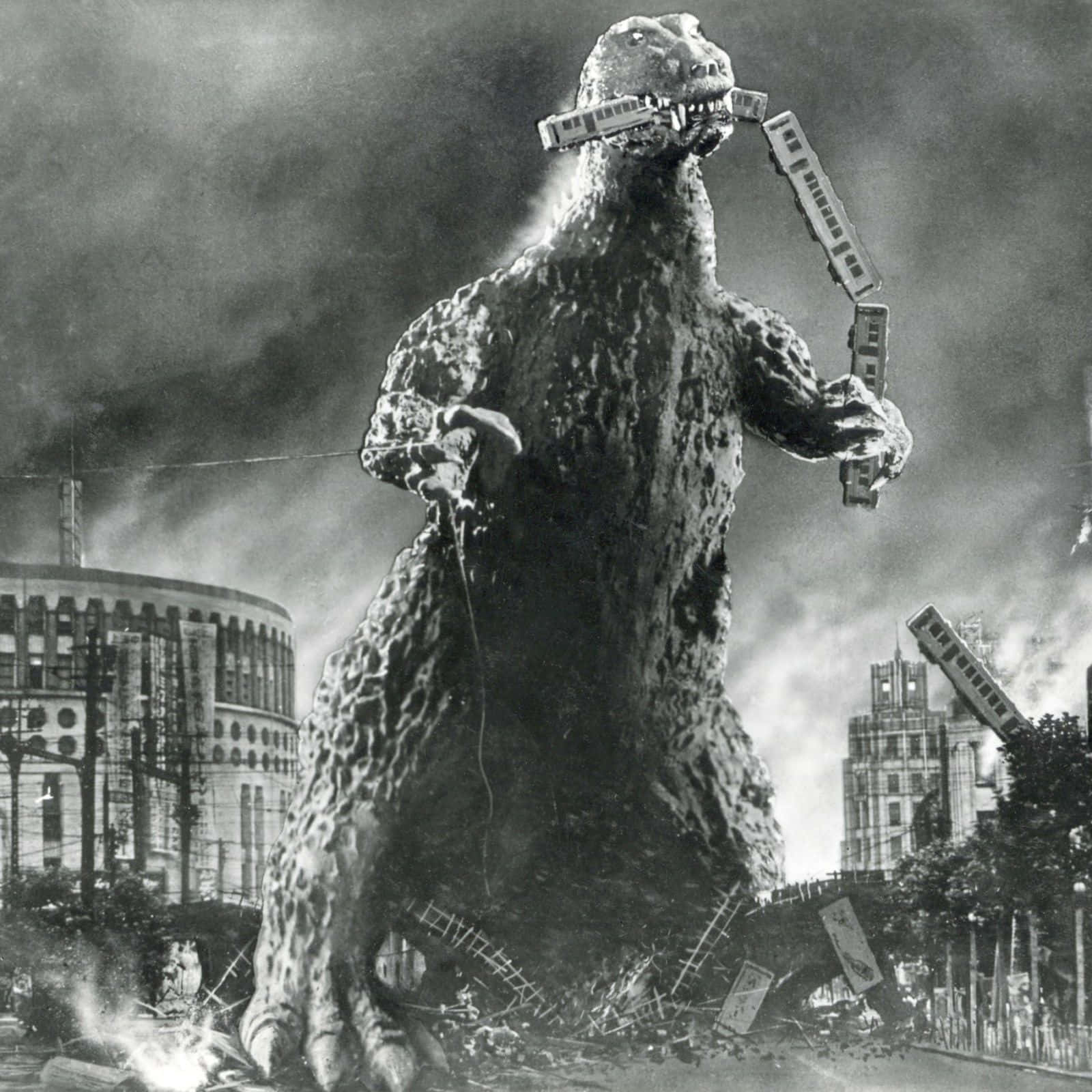 Godzilla 1954, train cars, ruined cityscape, HD Desktop Wallpaper