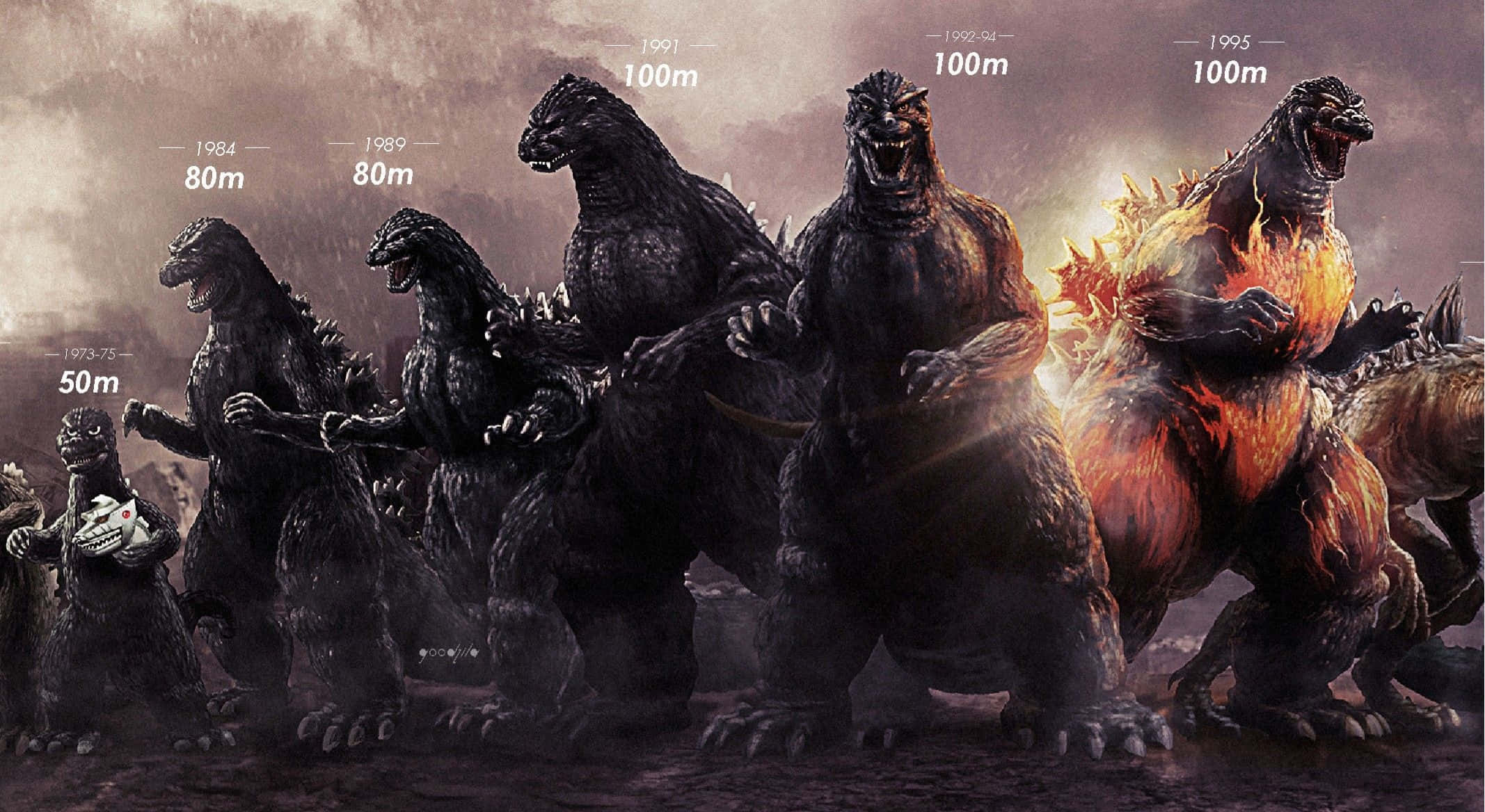 Godzilla 1954, stormy sky, lineup of Godzilla monsters, Full HD Desktop Wallpaper