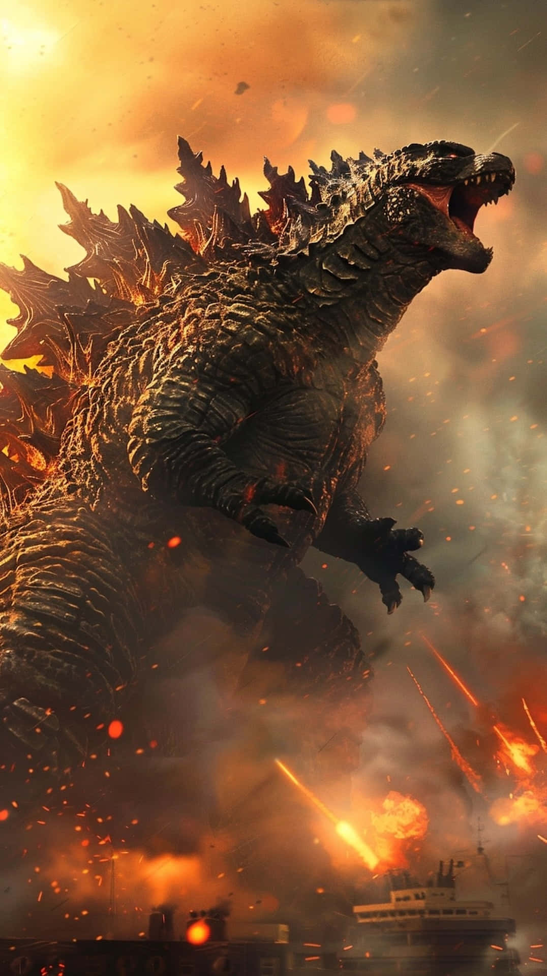 Godzilla 1954, fiery explosions, falling debris, Full HD Phone Wallpaper