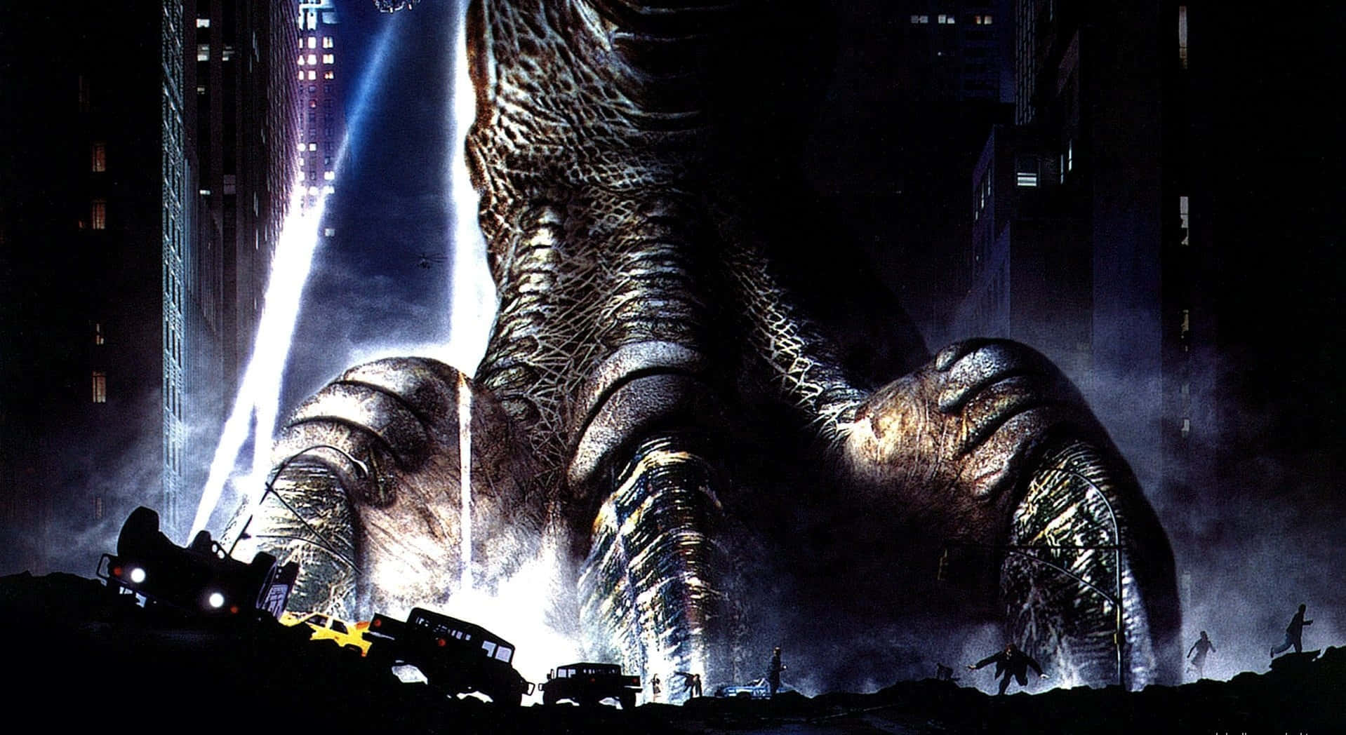 Godzilla 1998, neon-lit city, night, HD Desktop Wallpaper