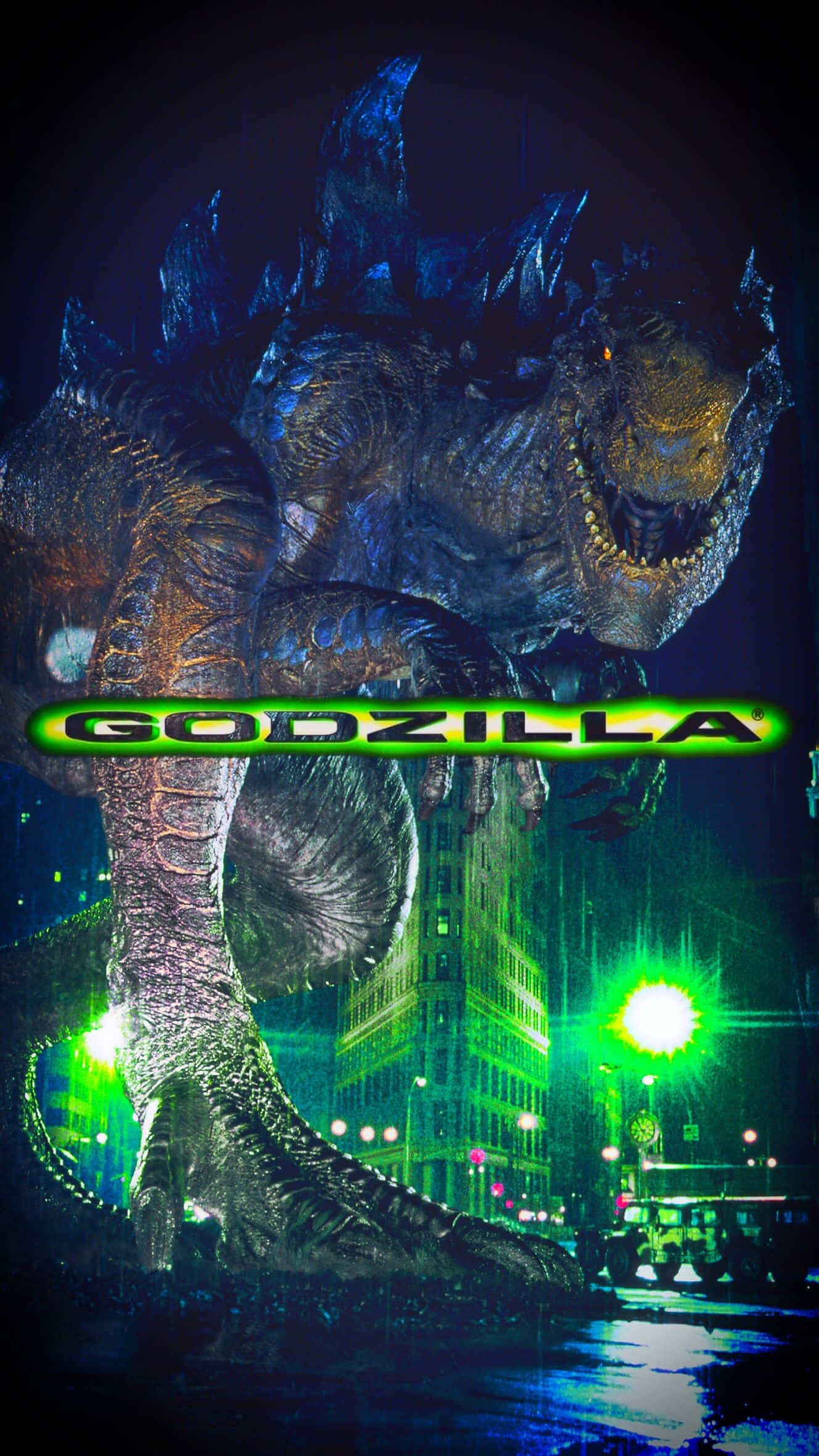 Godzilla 1998, neon-lit city, night, Full HD Phone Wallpaper