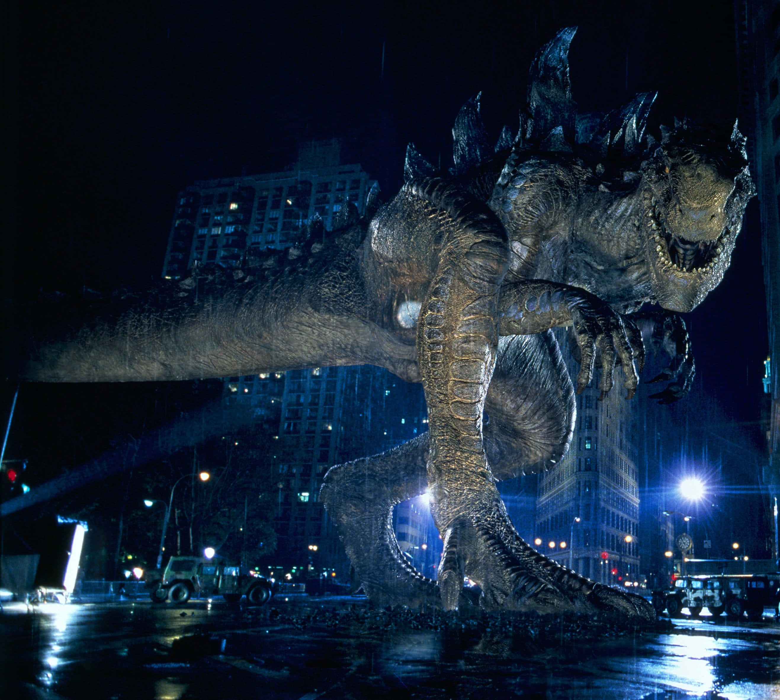 Godzilla 1998, city street, rain-soaked, 2K Desktop Wallpaper