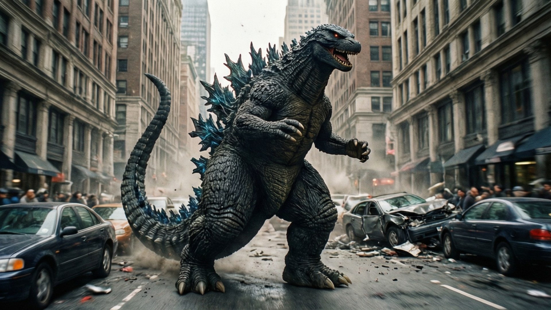 Godzilla 1998, glowing red eyes, blue spines, Full HD Desktop Wallpaper