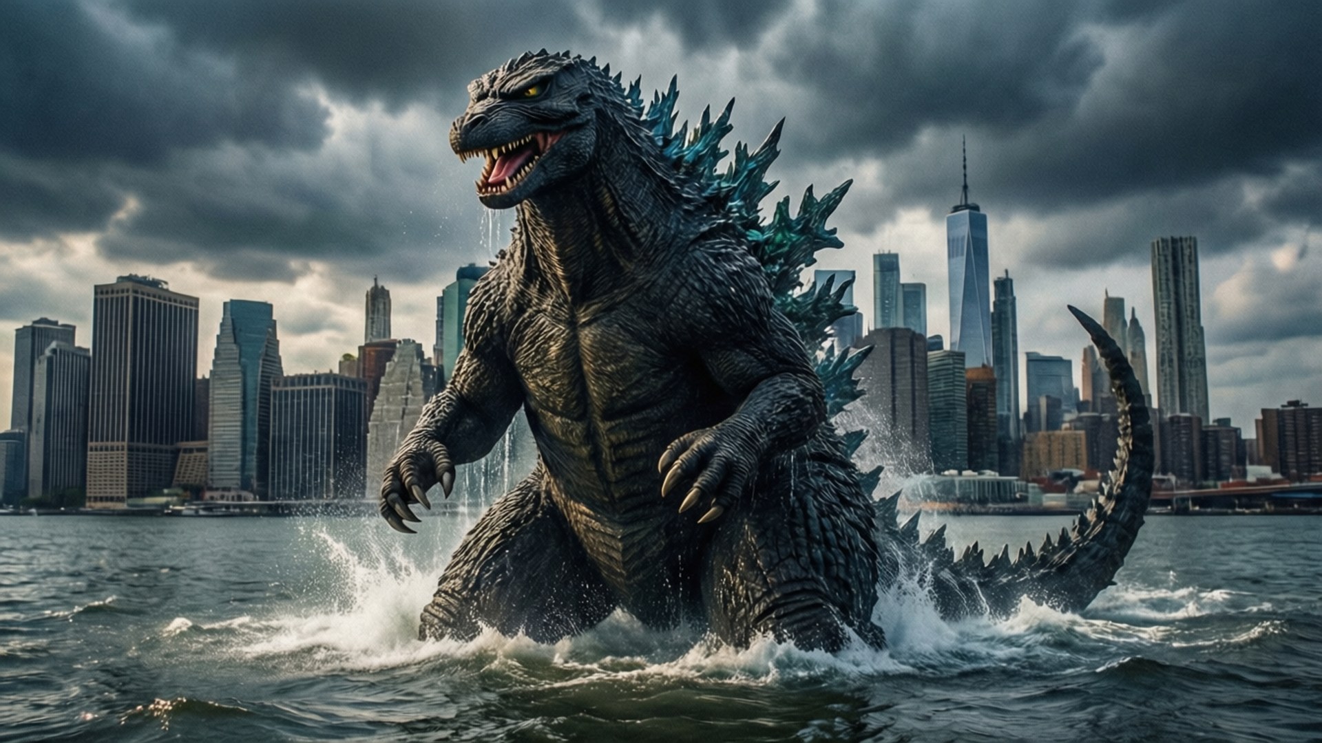 Godzilla 1998, stormy New York skyline, spiky back, Full HD Desktop Wallpaper