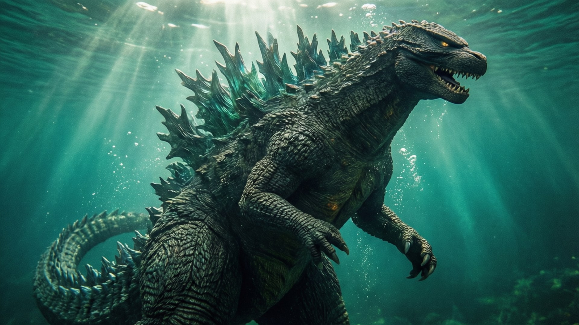 Godzilla 1998, turquoise ocean, sunbeams, Full HD Desktop Wallpaper