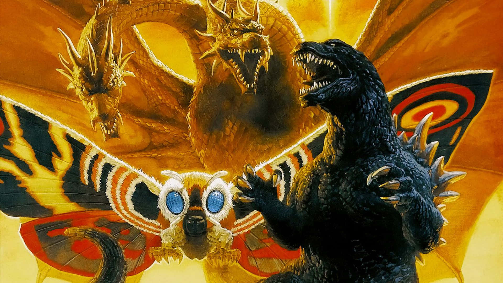 Godzilla 2000, golden three-headed dragon, moth-like creature, Full HD Desktop Wallpaper