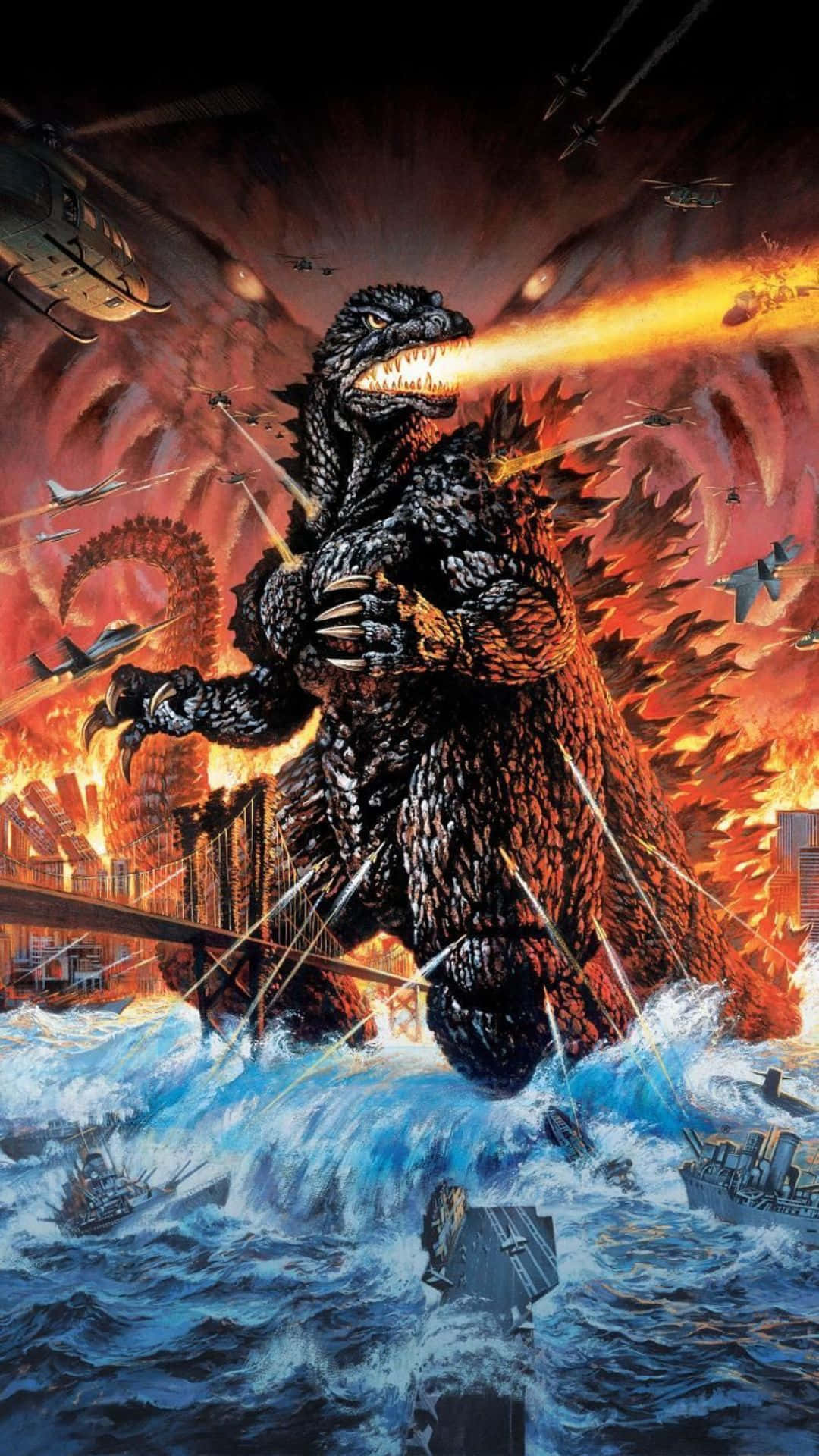 Godzilla 2000, atomic fire, burning cityscape, Full HD Phone Wallpaper