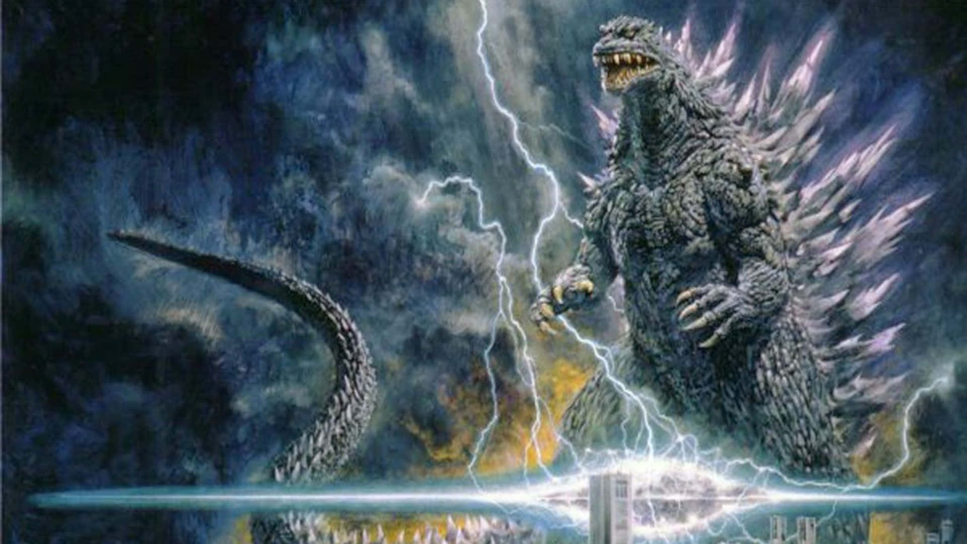 Godzilla 2000, stormy skies, lightning, Full HD Desktop Wallpaper