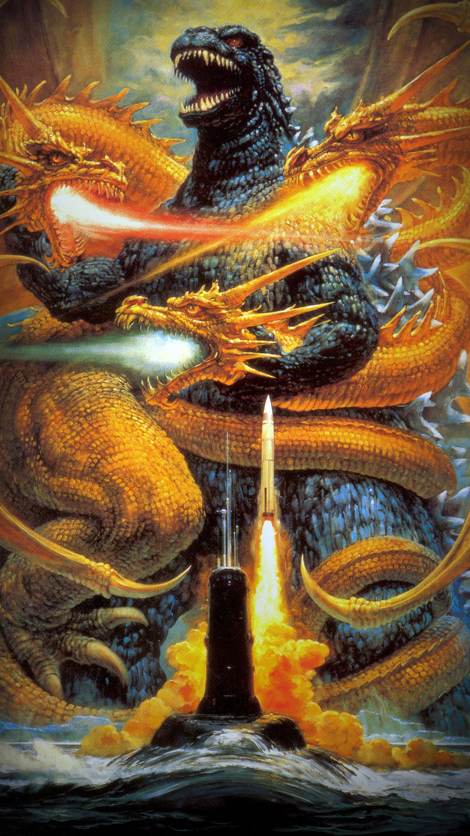 Godzilla 2000, golden dragons, missile, 2K Phone Wallpaper