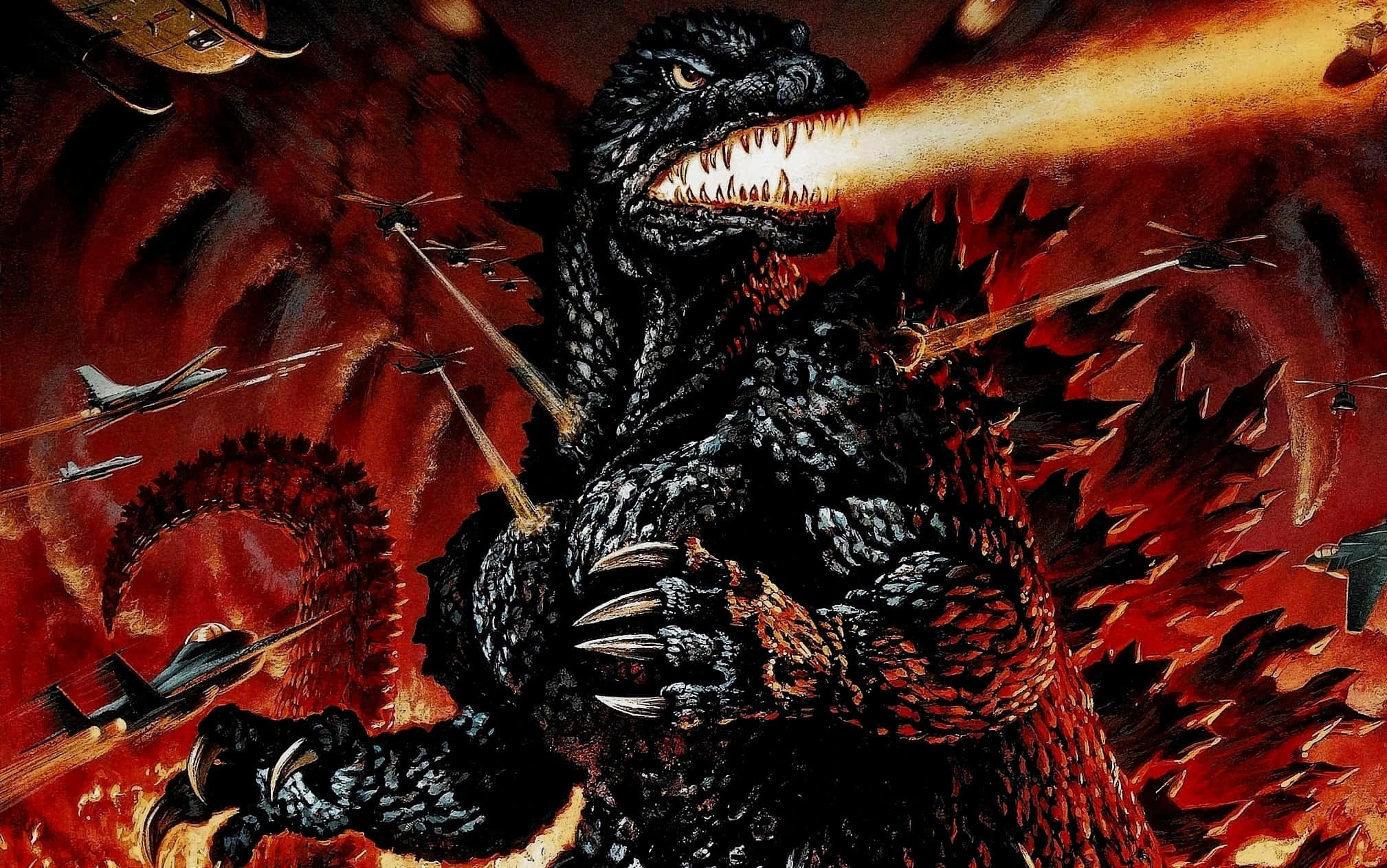 Godzilla 2000, fire, fiery sky, Full HD Desktop Wallpaper