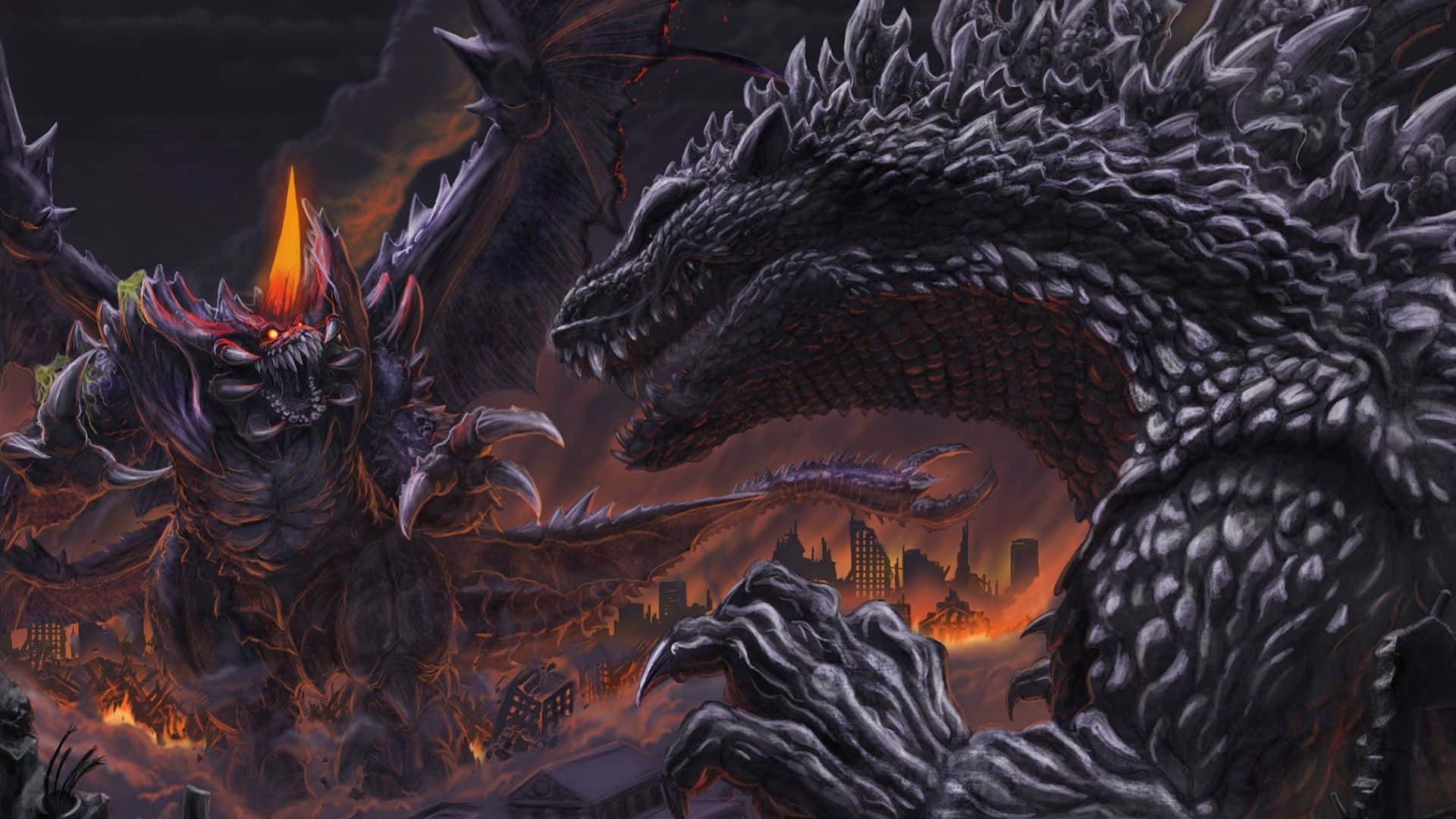 Godzilla 2000, city skyline, colossal monsters, Full HD Desktop Wallpaper