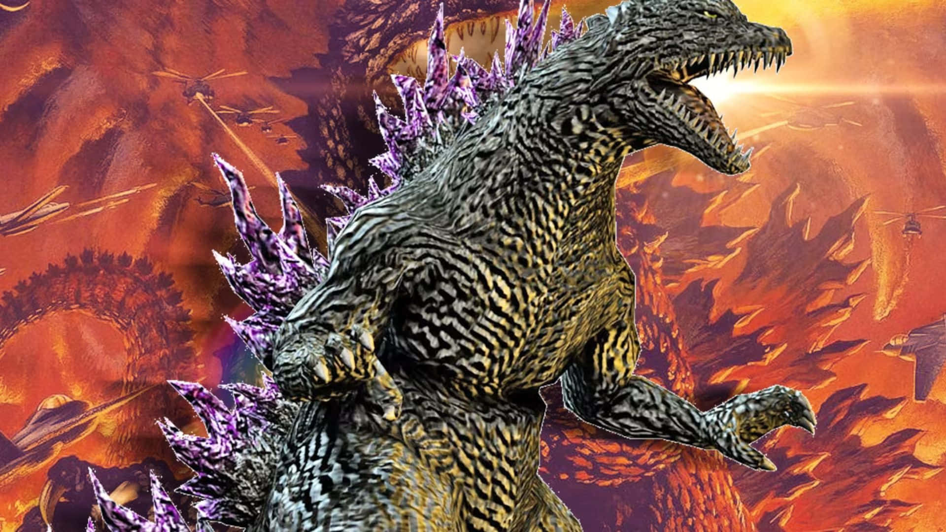 Godzilla 2000, purple spines, fiery orange destruction, Full HD Desktop Wallpaper