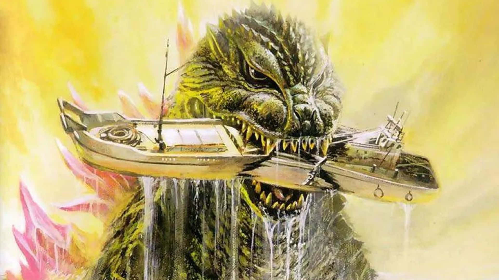 Godzilla 2000, monstrous green kaiju, sharp teeth, Full HD Desktop Wallpaper