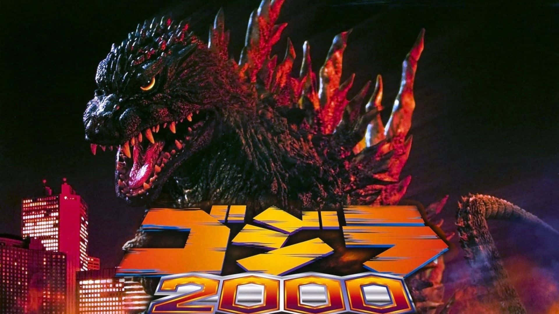 Godzilla 2000, glowing red dorsal fins, neon-lit cityscape, Full HD Desktop Wallpaper